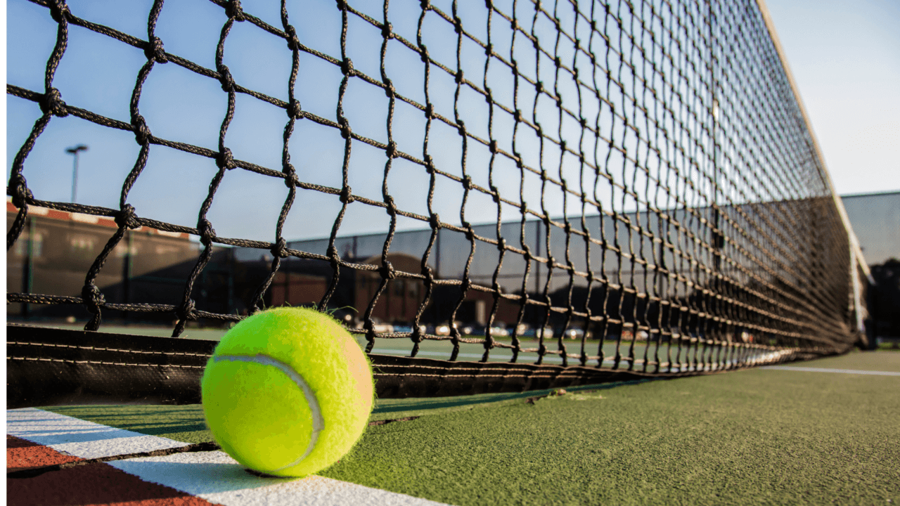 The image shows a tennis ball lying on the court, next to the net.